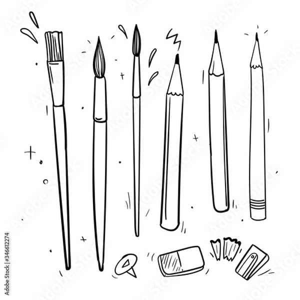 Fototapeta vector hand drawn painting tools, art materials. mixed media set. brush, pencil, eraser, pencil sharpener
