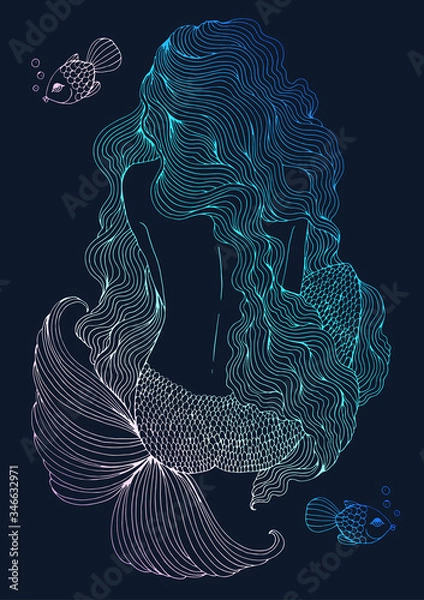 Fototapeta JPEG drawing fantastic sea mermaid with long wavy hair sits with his back. Ornamental decorated graphic illustration of a fairytale mermaid. Pattern sea nymph. Fairy tale colorful neon light