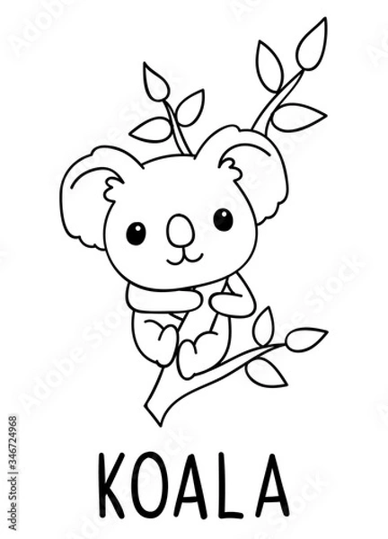 Obraz Coloring pages, black and white cute kawaii hand drawn koala doodles, lettering koala