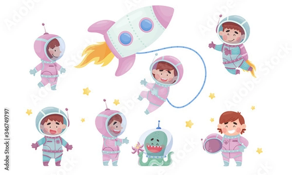 Fototapeta Little Astronaut Wearing Spacesuit Exploring the Moon Vector Illustration