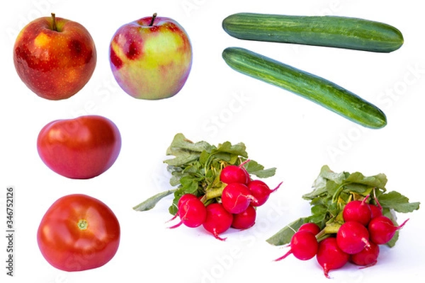 Fototapeta Vegetable and fruit set. Apple, Tomato, Cucumber, Radish.