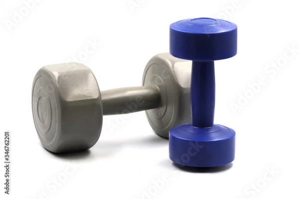 Obraz exercise set at home plastic dumbbell on white background.