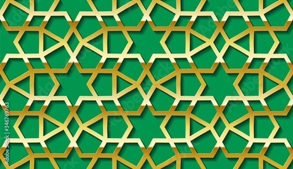 Fototapeta Arabic seamless golden pattern with classic islamic culture ornament. Green background with shadow.