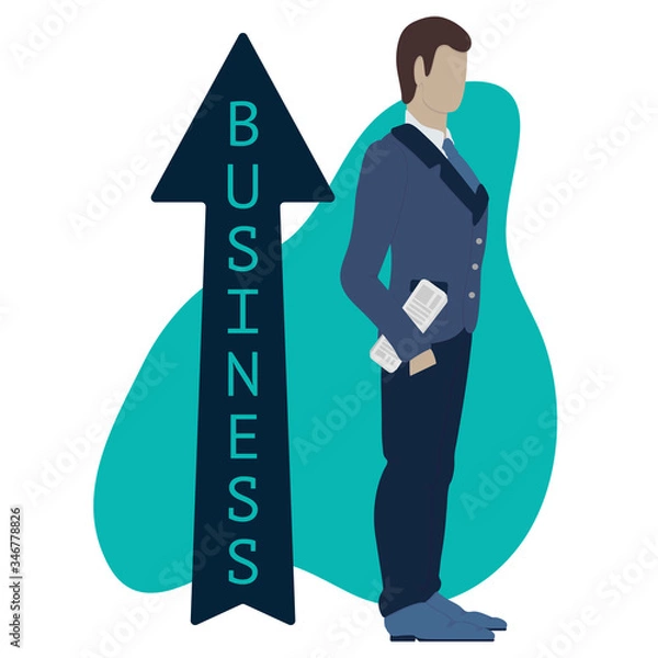 Fototapeta Businessman with newspaper. Up arrow - rise in financial stocks. Successful business man with a growing business. Man in handsome suit. Vector illustration with shadows. Design for financial concept.