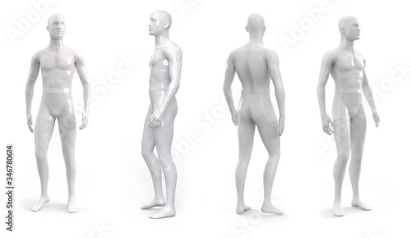 Obraz White plastic male mannequin for clothes. Set from the side, front and back view. Commercial equipment for shop windows. 3d illustration isolated on a white background.