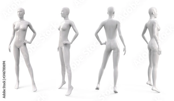 Obraz Biały plastikowy manekin damski na ubrania. Zestaw z boku, widok z przodu iz tyłu. Wyposażenie handlowe do witryn sklepowych. 3d ilustracja na białym tle.