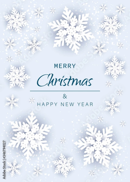 Fototapeta Merry christmas and happy new year snowflakes on blue background. Greeting card, invitation, flyer vector. Vertical view