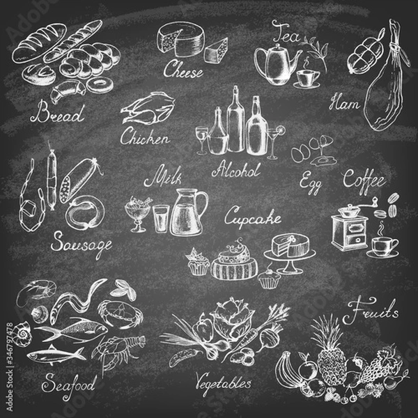 Fototapeta Retro vintage style food design. Hand drawn elements for cooking, vegetables, restaurant and vegetarian food. Vector illustration.