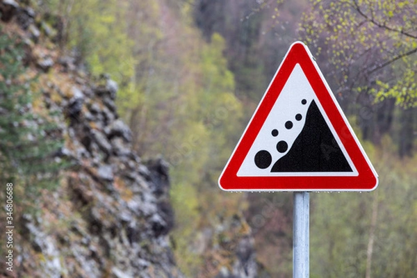 Obraz Warning road sign "rockfall collapsed"