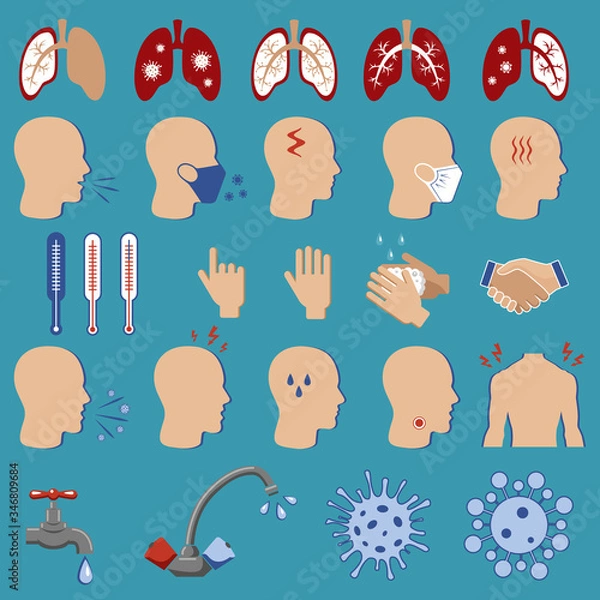 Fototapeta A set for the prevention of coronavirus infection. Icons for use in medical purposes. Isolated vector icons. Block a pandemic to stop a new outbreak. No infection and stop the virus. Templates for pre