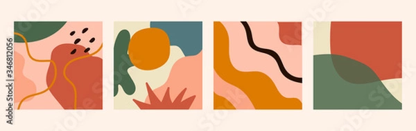 Fototapeta Set of four abstract backgrounds. Different abstract shapes. Isolated abstract illustrations. Hand drawn doodle objects and shapes. Vector illustration in pastel colors