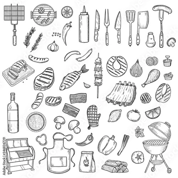 Obraz BBQ and grill menu with sketch objects isolated on white background. Hand drawn barbecue elements. Grill menu design template.