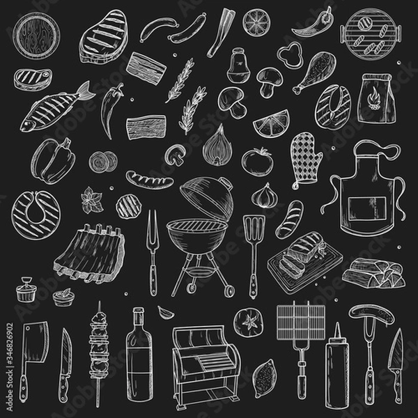Obraz BBQ and grill menu with sketch objects isolated on white background. Hand drawn barbecue elements. Grill menu design template on blackboard.