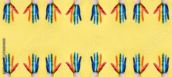Fototapeta Hand painted as a rainbow flag. LGBTQ concept. Hand LGBT close up, banner