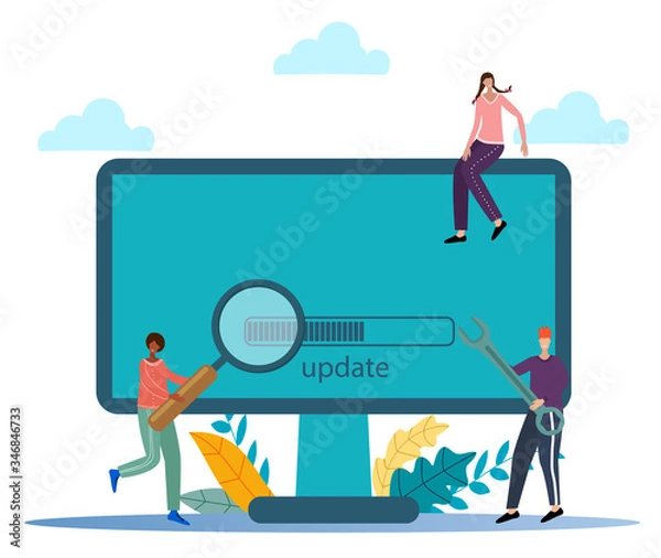Fototapeta Vector illustration.People are updating the operating system.Flat illustration of a modern design.You can use it for landing pages, banners, and web design.