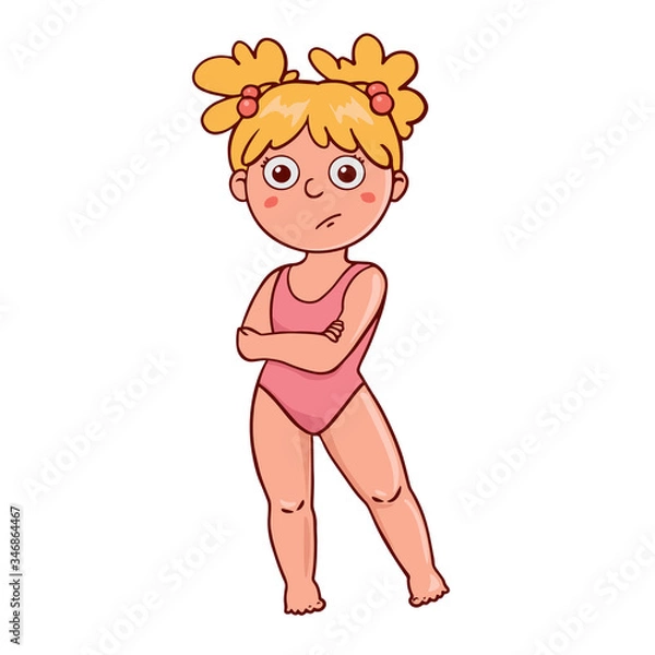 Fototapeta  A simple flat illustration of a girl in a pink swimsuit. Doodle sketch of a displeased child 