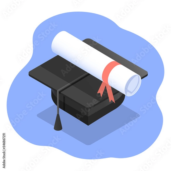 Fototapeta Vector isometric illustration of student graduation cap or hat with certificate scroll as concept of studying and education.
