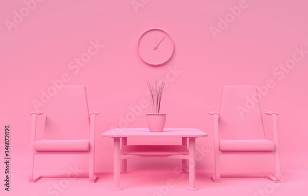 Obraz Abstract pink image with two armchairs and a coffee table and a  clock on the wall. 3D illustration