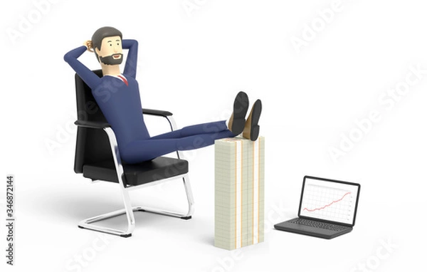 Fototapeta Businessman reclines on a back of an armchair and puts his legs on a tall heap of wads of money. 3D illustration