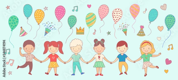Obraz Group chain of happy children holding hands. Graduation concept. Set of elements. Air balloons, firework, music sign. Soft color vector doodle illustration