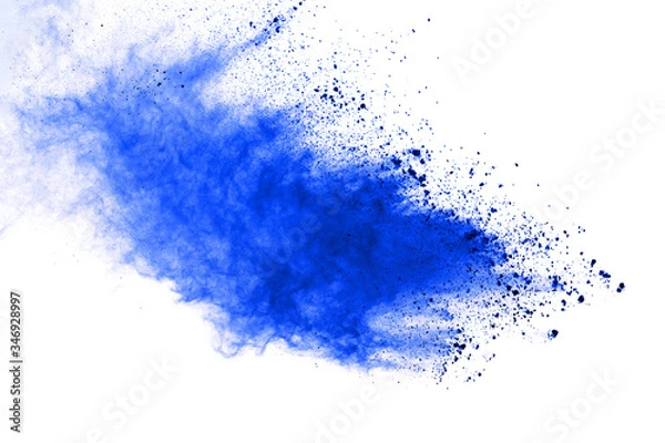 Fototapeta Abstract blue powder explosion on white background. Closeup of blue dust particles splash isolated on clear background.