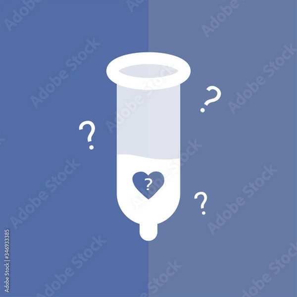 Fototapeta Sperm in the condom with confusion heart sign and question marks. The concept of one night stands sex. In a complicated relationship.