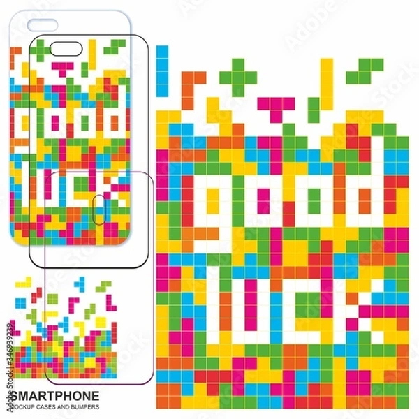 Fototapeta Mobile phone cover design. Good luck. Tetris game with pieces of squares. Mobile phone cover back. Vector backgrounds ready for print.