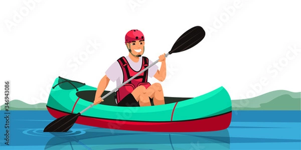Fototapeta Vector character man canoeing, set kayaking