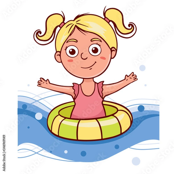 Obraz  Simple flat illustration a girl swims in a lifebuoy. Doodle sketch baby in a swimsuit 