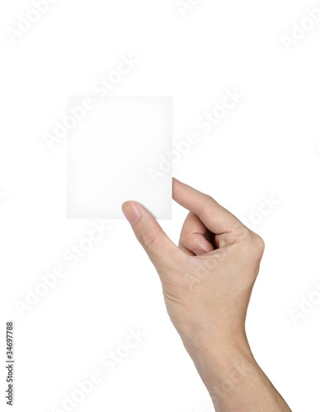 Fototapeta Businessman's hand holding blank paper business card, isolated o