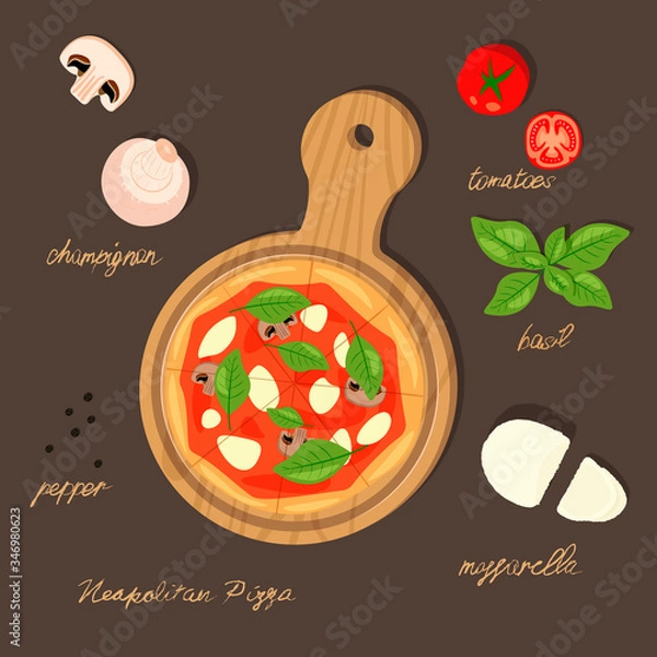 Fototapeta Vector illustration of delicious italian Cuisine. Neapolitan pizza on a wooden board with tomatoes, mozzarella, mushrooms and basil. Vegetarian food. For menu design.