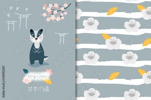 Fototapeta Vector illustration of a cute badger in doodle style "Spring in Japan". Postcard with an animal image, sakura flowers, and the Japanese arch of Torii. Seamless striped pattern with gray flowers. 