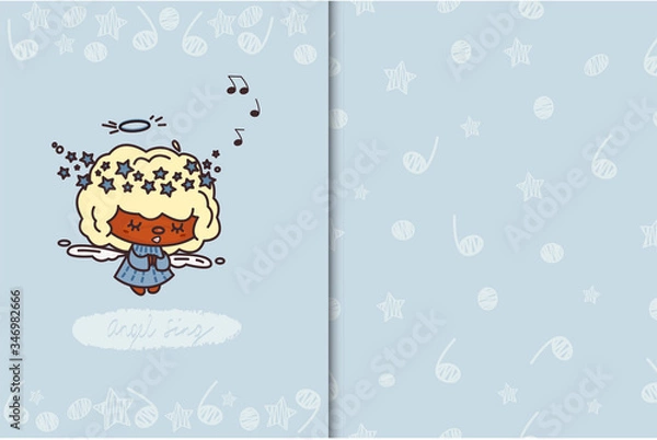 Fototapeta Vector postcard singing angel on a blue background with the inscription, notes, stars and balls. Seamless pattern on a blue background with notes and stars. cartoon style.