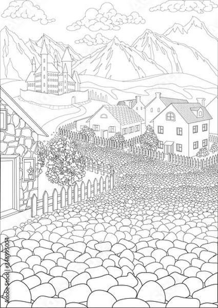 Fototapeta Coloring book for adults with cute village and beautiful castle in the background