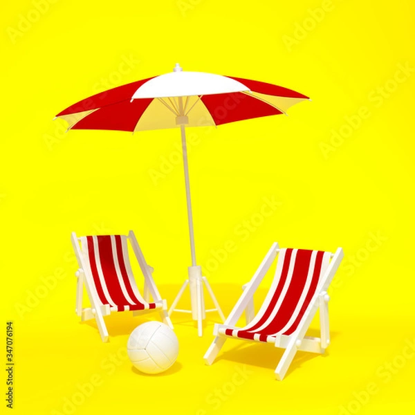 Fototapeta Beach chair, Deck chair with red and white stripes isolated on yellow background 3d rendering. Sunchair, wooden beach lounge chair with umbrella and volleyball. 3d illustration Summer minimal concept