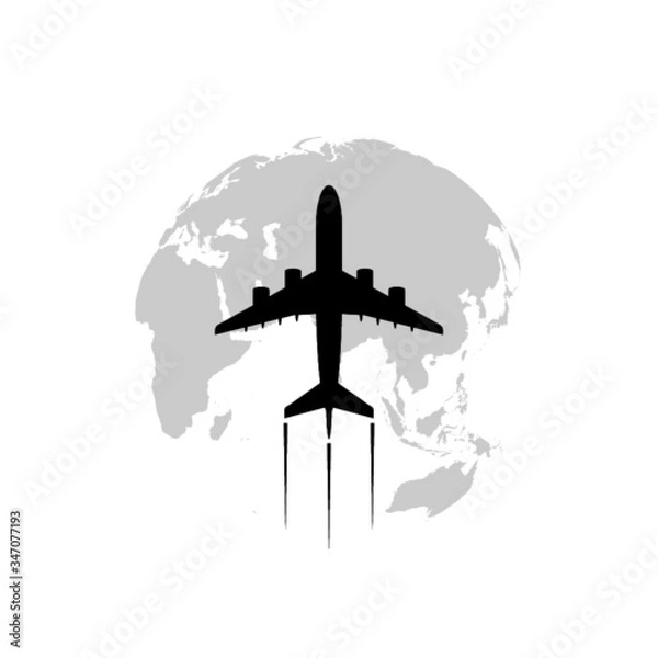 Fototapeta Globe with flying airplane icon isolated on white background