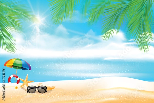 Fototapeta Summer abstract background sand beach with palm leaf 001