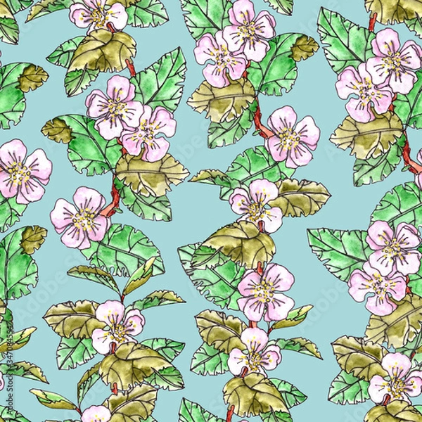Fototapeta Seamless pattern of blooming apple branches with leaves on a turquoise background.
