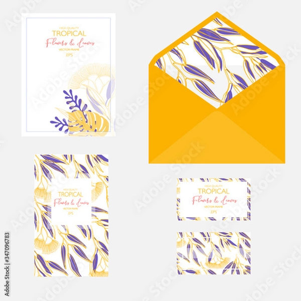 Fototapeta Wedding cards floral design. Rsvp, menu, table number thank you, save the date guest card & label set.  palm leaves
