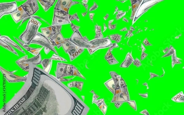Fototapeta Flying dollars banknotes isolated on chromakey. Money is flying in the air. 100 US banknotes new sample. 3D illustration