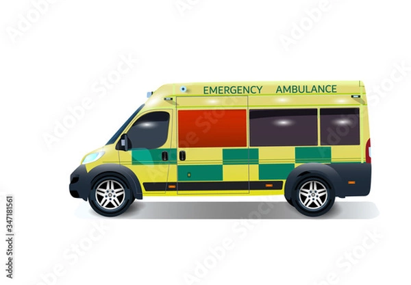 Fototapeta City ambulance with shadow. Varian UK. Side view from the point of view. illustration