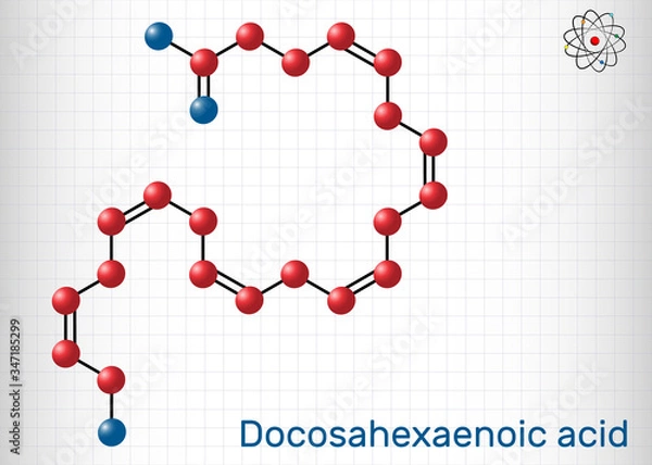 Fototapeta Docosahexaenoic acid, DHA, doconexent, cervonic acid molecule. It is omega-3 fatty acid. Sheet of paper in a cage