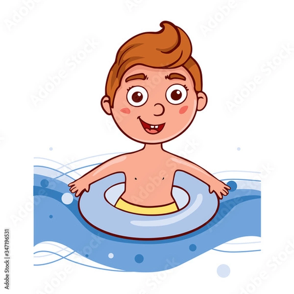 Obraz  Simple flat illustration a boy swims in a lifebuoy. Doodle sketch baby in a swimsuit 