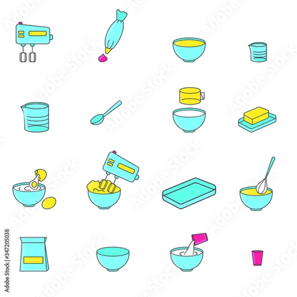 Fototapeta Flat objects for cooking. Kitchen tools. Vector icons for baking.