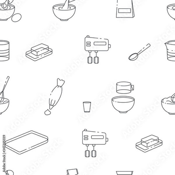 Fototapeta Cartoon seamless with  outline objects for cooking. Kitchen tools vector pattern. Background with  icons for baking.