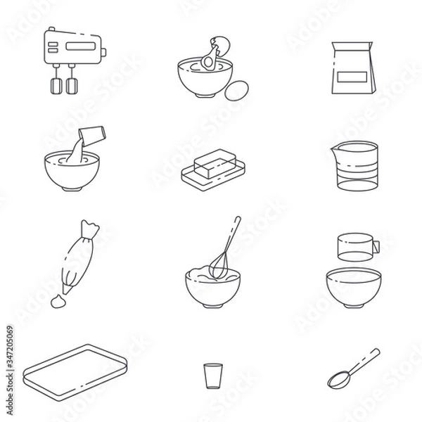 Fototapeta Outline objects for cooking. Kitchen tools. Vector icons for baking.