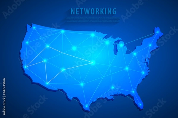 Fototapeta United States map on network connection, blue USA map, vector