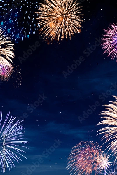 Fototapeta night sky with fireworks , new years background.
