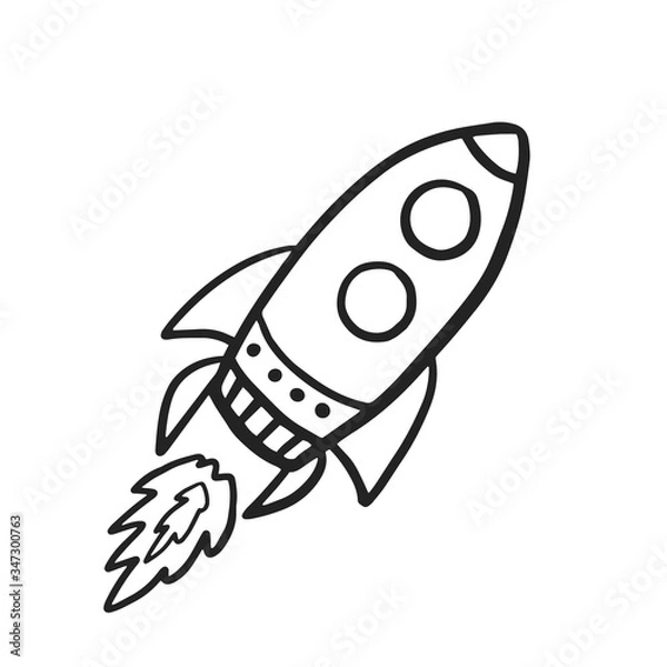 Obraz Rocket Spaceship. Vector doodle spaceship in doodle style. Flying rocket on white background