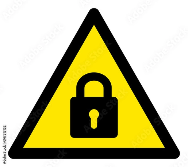 Fototapeta Vector lock flat warning sign. Triangle icon uses black and yellow colors. Symbol style is a flat lock attention sign on a white background. Icons designed for careful signals, road signs,